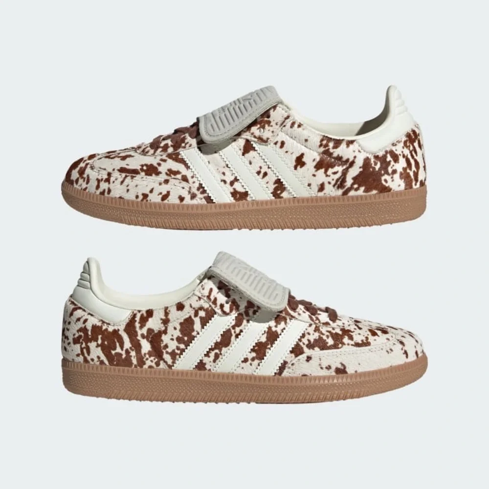 adidas Women's White and Brown Cow Print Samba Sneakers - Picture 2 of 13